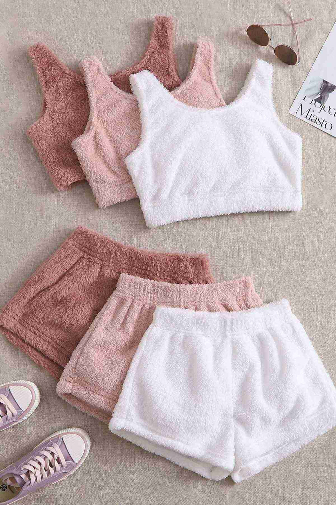 IGR Women Merry Sea Solid Color 1 Set Sleeveless Strappy Plush Fleece Top Bottom Shorts Pajama Set Light Pink - Elche