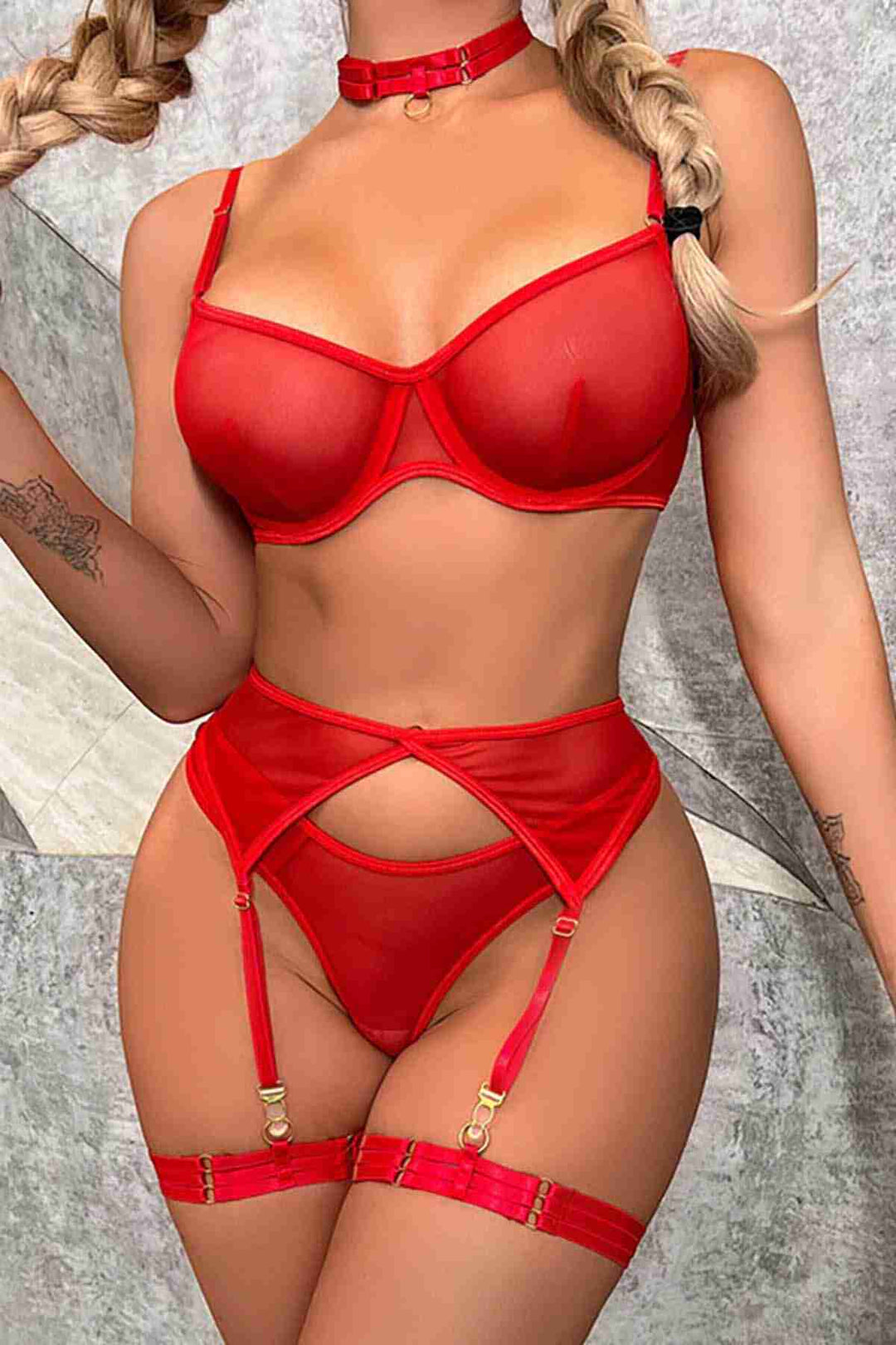 IGR Women Merry Sea Lace Bralette and Panty Set with Garter Red with Neck and Leg Accessories - Folsom