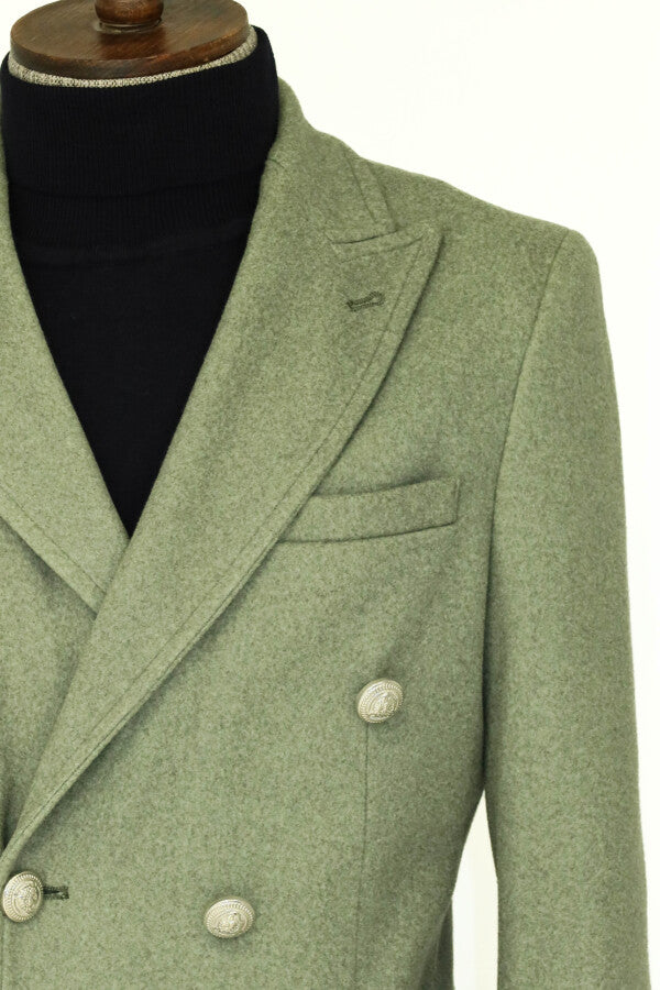 WSS Metal Buttons Wool Cashmere Green Men Double Breasted Coat  - Singen