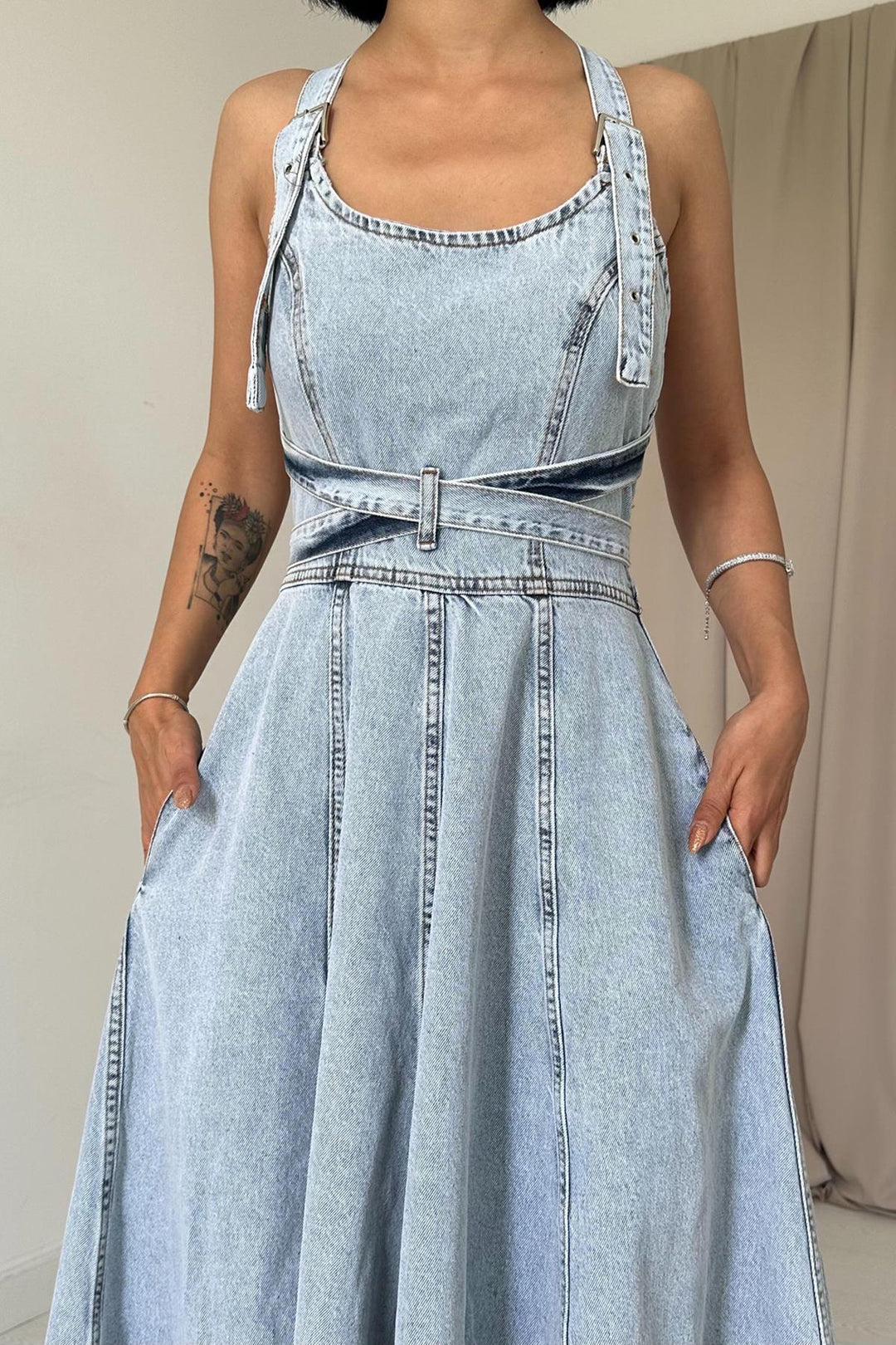 ELS Midi Denim Dress with Belt - Snow Wash - Winter Springs