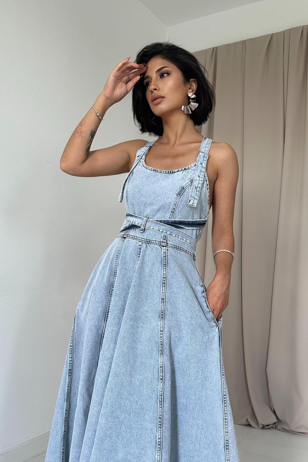 ELS Midi Denim Dress with Belt - Snow Wash - Winter Springs