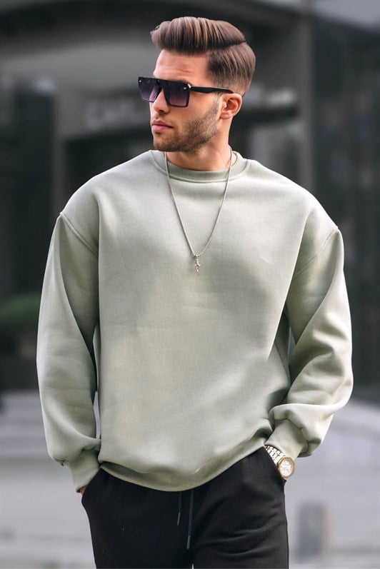 MDX Mint Green Bicycle Collar Oversize Basic Men's Sweatshirt with Raglan Sleeves 6048 - Nettetal