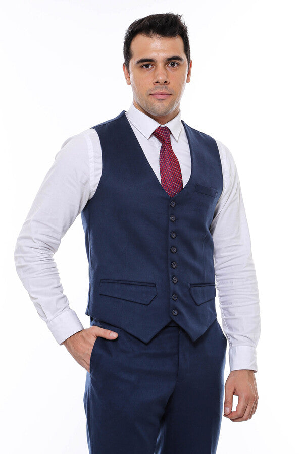 WSS Navy Blue Plain 8 Buttined Vest - Singen