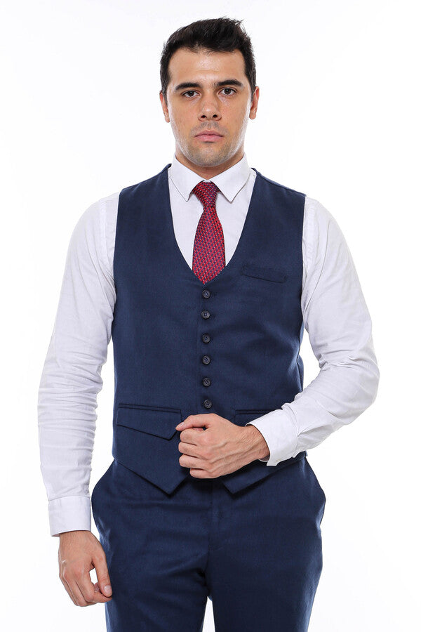 WSS Navy Blue Plain 8 Buttined Vest - Singen