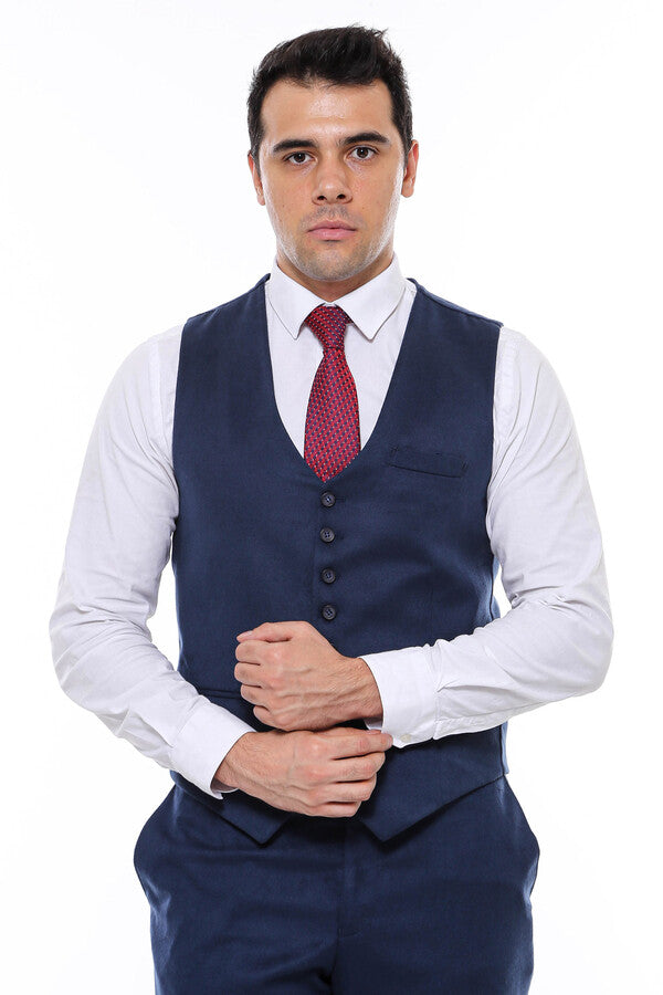 WSS Navy Blue Plain 8 Buttined Vest - Singen