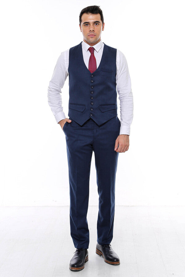 WSS Navy Blue Plain 8 Buttined Vest - Singen