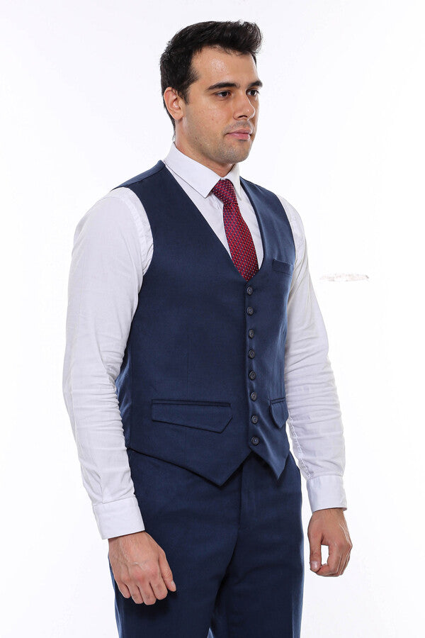 WSS Navy Blue Plain 8 Buttined Vest - Singen