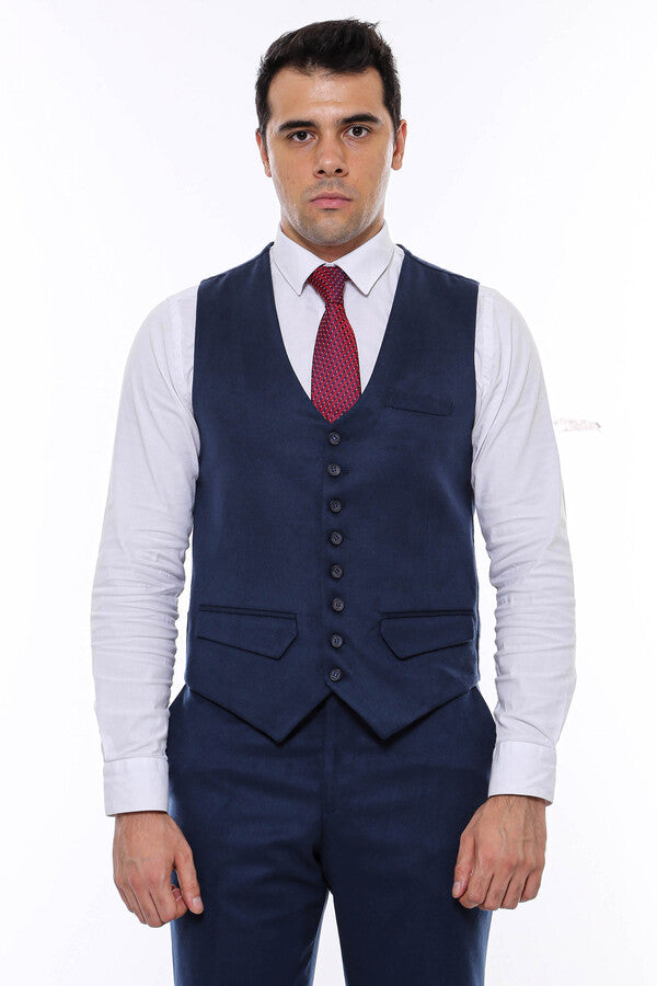 WSS Navy Blue Plain 8 Buttined Vest - Singen