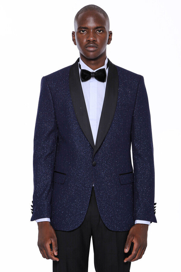 WSS Shawl Lapel Sparkly Navy Blue Men Prom Blazer  - Singen