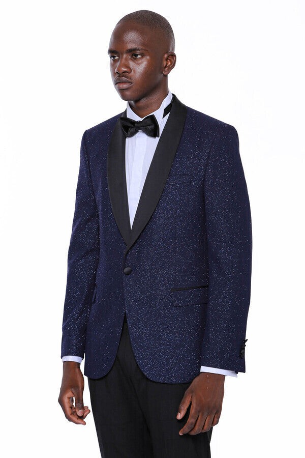 WSS Shawl Lapel Sparkly Navy Blue Men Prom Blazer  - Singen