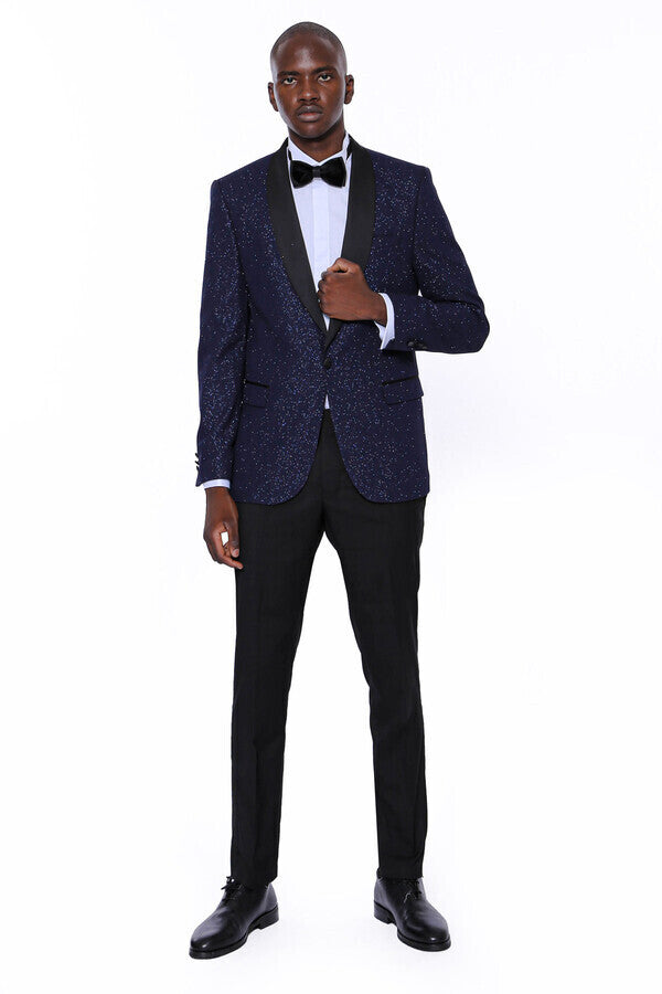 WSS Shawl Lapel Sparkly Navy Blue Men Prom Blazer  - Singen