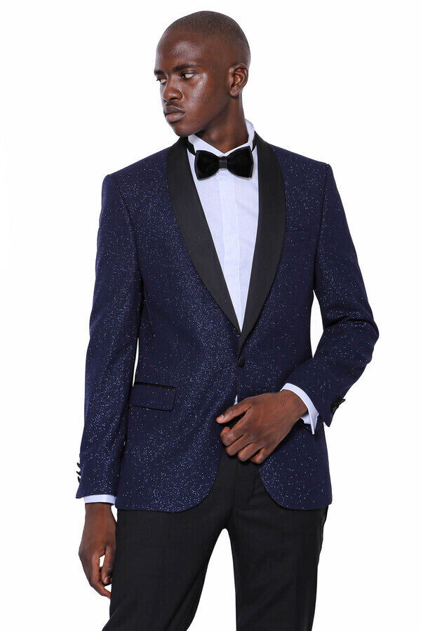 WSS Shawl Lapel Sparkly Navy Blue Men Prom Blazer  - Singen