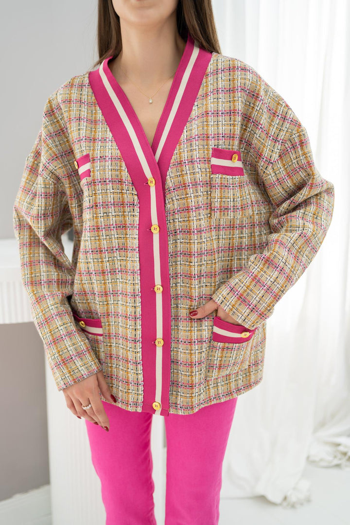 Els Front Rib Plaid Veste - Fuchsia - Santa Catarina Otzolotepec