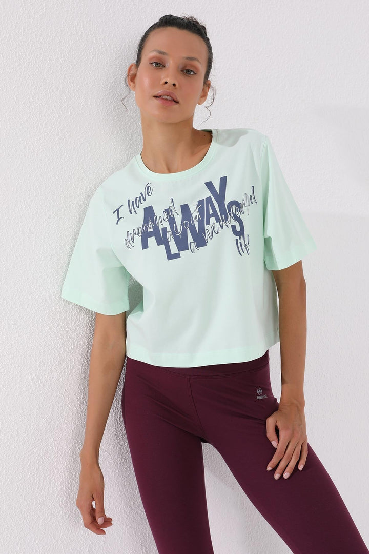 TMY Open Green Asymmetric Printed O Neck Women's Oversize T-Shirt - 97136 - Provo