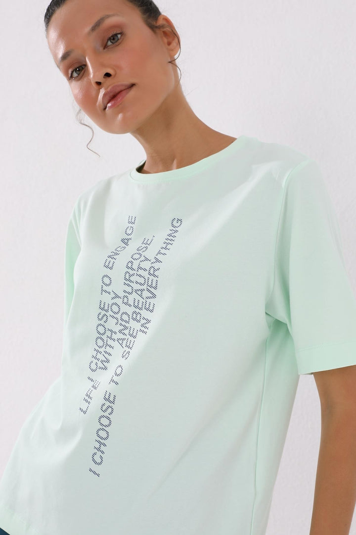 TMY Open Green Pink Vertical Text Printed O Neck Women's Oversize T-Shirt - 97138 - Brighton