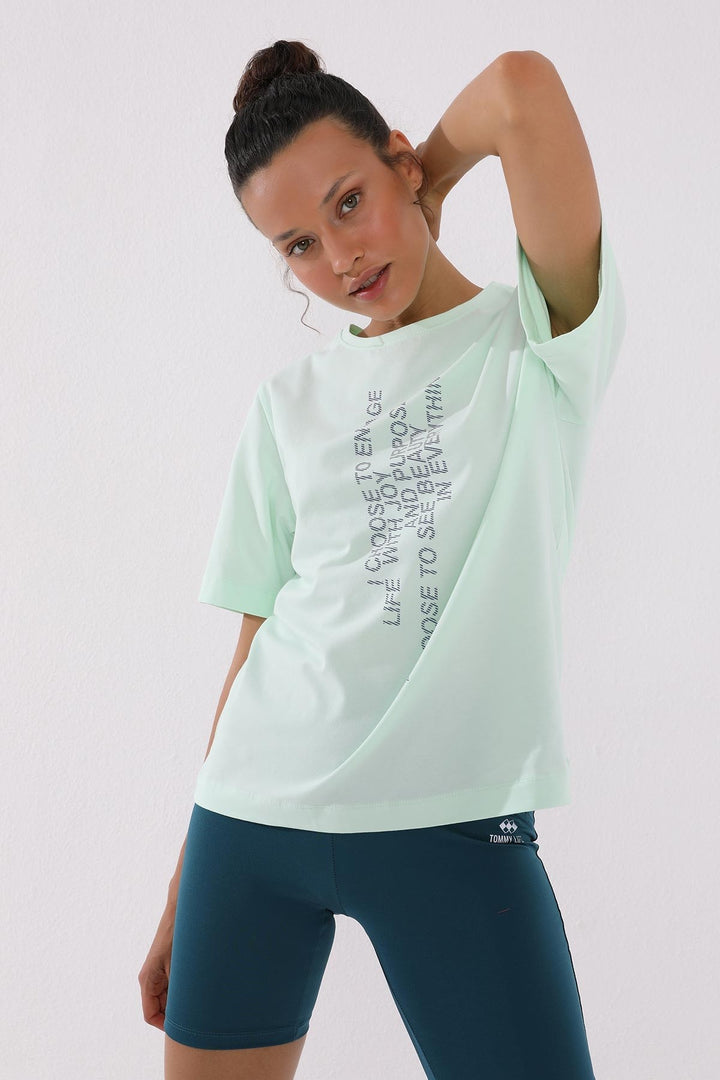 TMY Open Green Pink Vertical Text Printed O Neck Women's Oversize T-Shirt - 97138 - Brighton