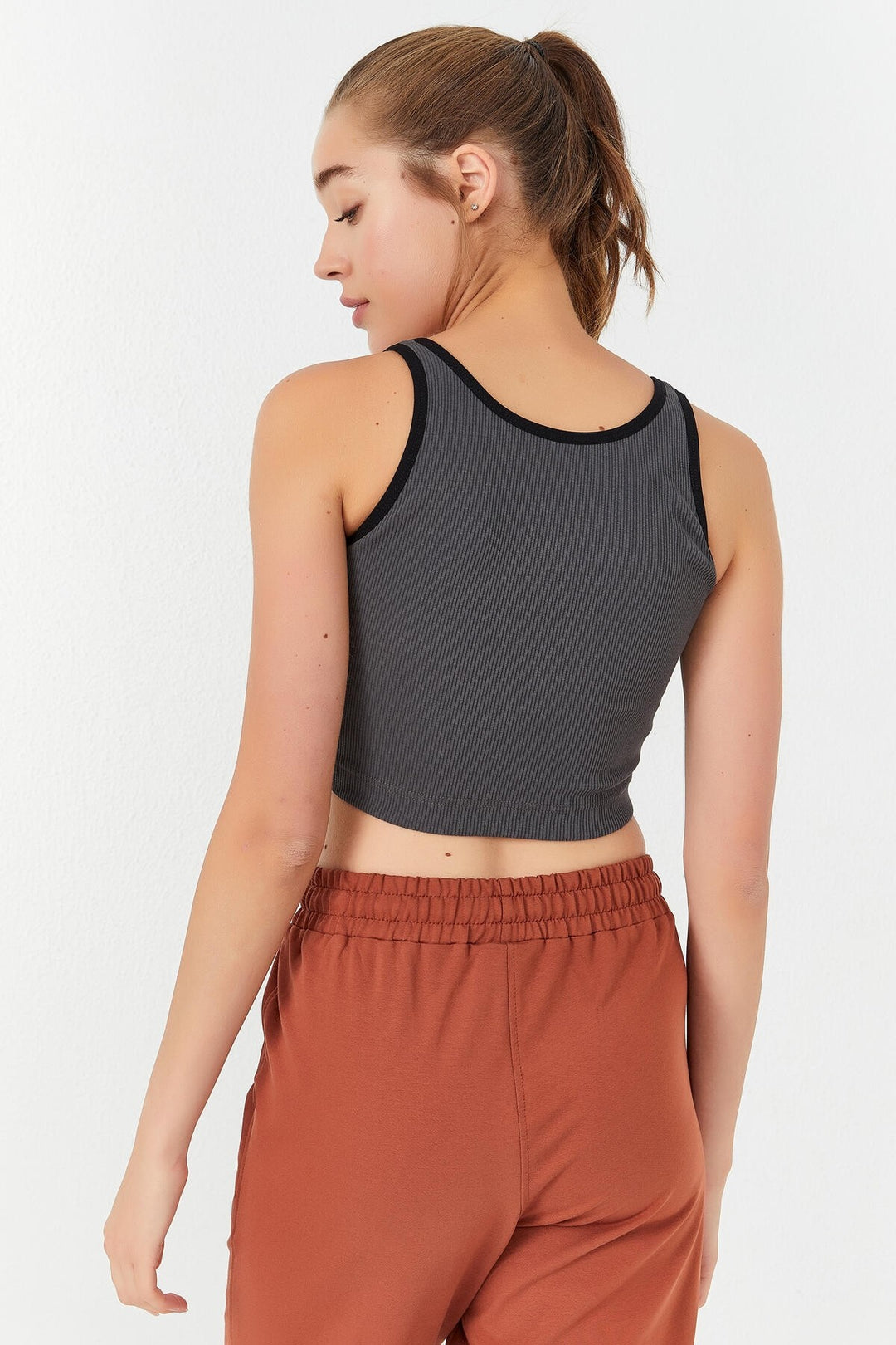 TMY Anthracite Basic Zero Sleeve Tight Fit U Neck Women's Crop Top Tank Top - 97160 - Norwalk