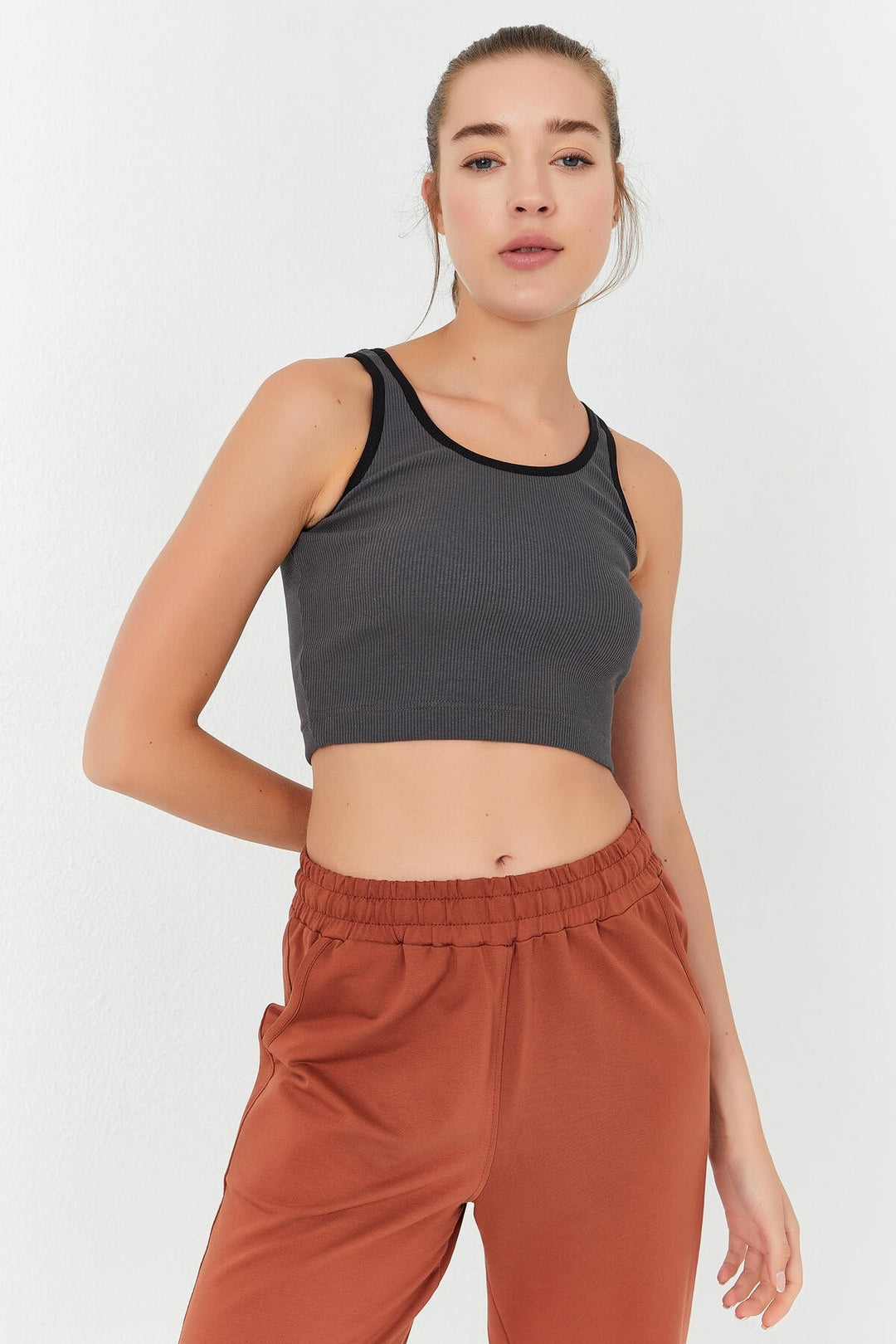 TMY Anthracite Basic Zero Sleeve Tight Fit U Neck Women's Crop Top Tank Top - 97160 - Norwalk