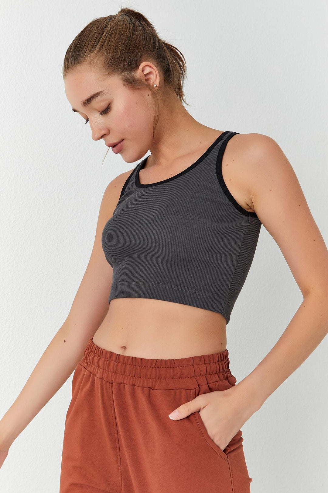 TMY Anthracite Basic Zero Sleeve Tight Fit U Neck Women's Crop Top Tank Top - 97160 - Norwalk