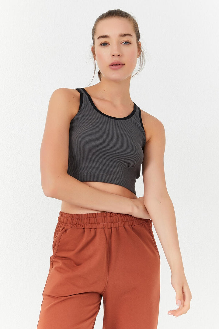 TMY Anthracite Basic Zero Sleeve Tight Fit U Neck Women's Crop Top Tank Top - 97160 - Norwalk