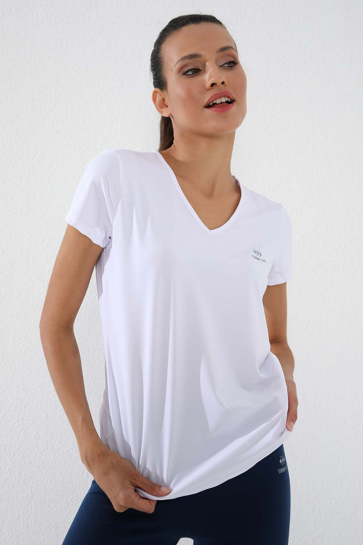 TMY White Basic Short Sleeve Standard Fit V-Neck Women's T-Shirt - 97145 - Mason