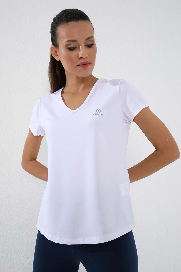 TMY White Basic Short Sleeve Standard Fit V-Neck Women's T-Shirt - 97145 - Mason