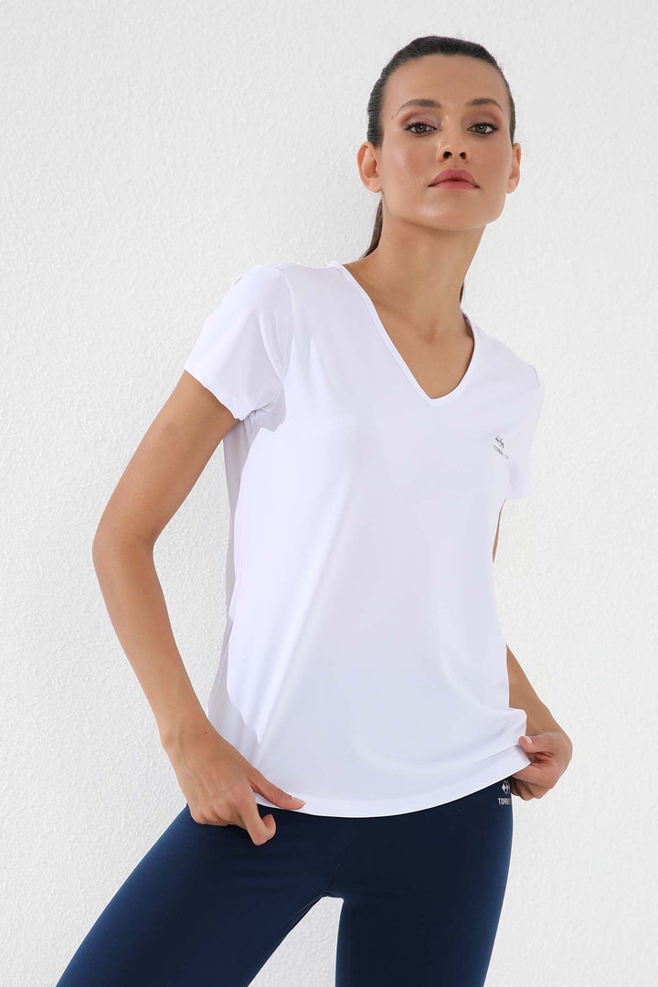 TMY White Basic Short Sleeve Standard Fit V-Neck Women's T-Shirt - 97145 - Mason