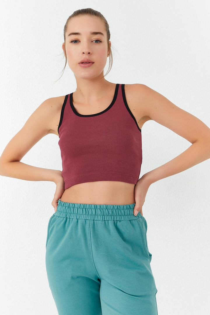 TMY Burgundy Basic Sleeveless Slim Fit U Neck Women's Crop Top Tank Top - 97162 - Essen