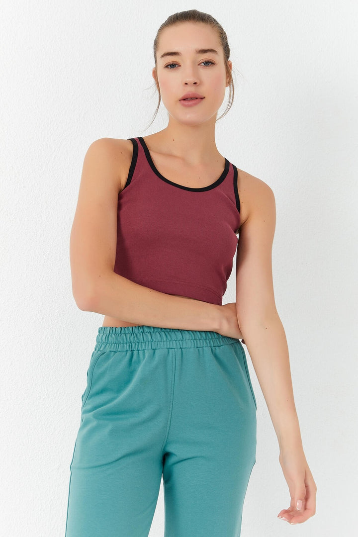 TMY Burgundy Basic Sleeveless Slim Fit U Neck Women's Crop Top Tank Top - 97162 - Essen