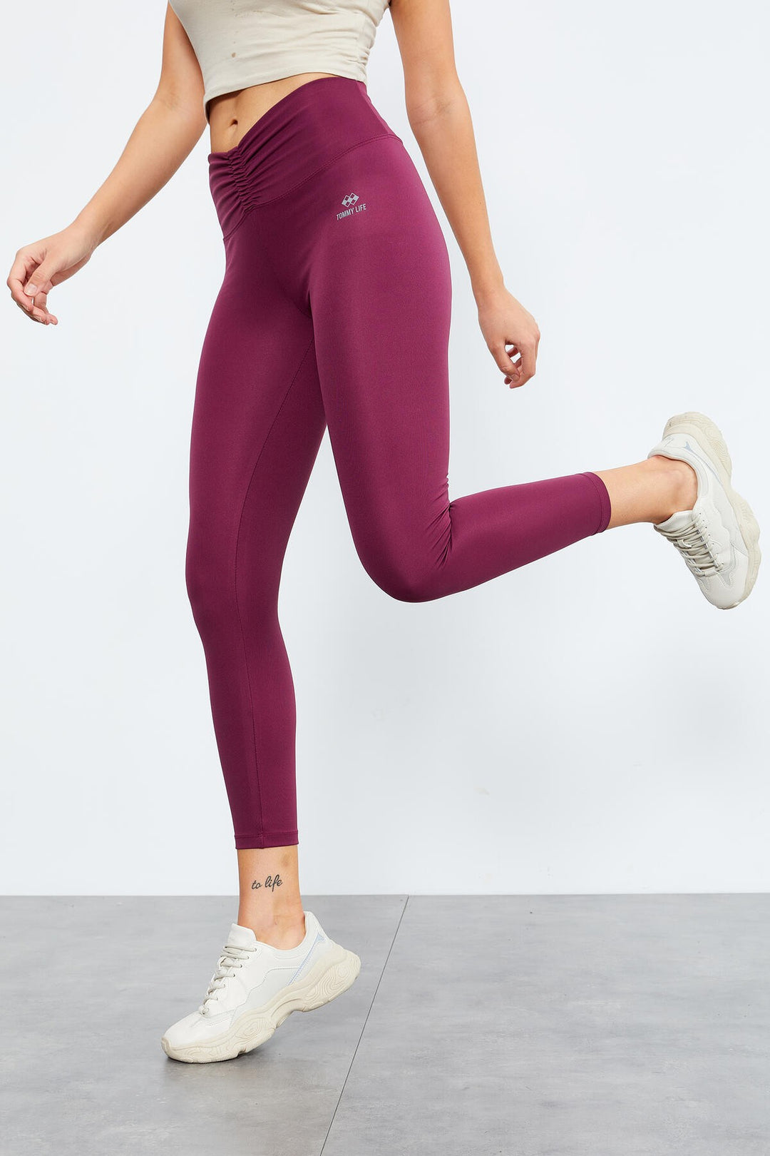 TMY Burgundy High Waist Ruched Stretch Slim Fit Women's Leggings - 94605 - Mission Bend