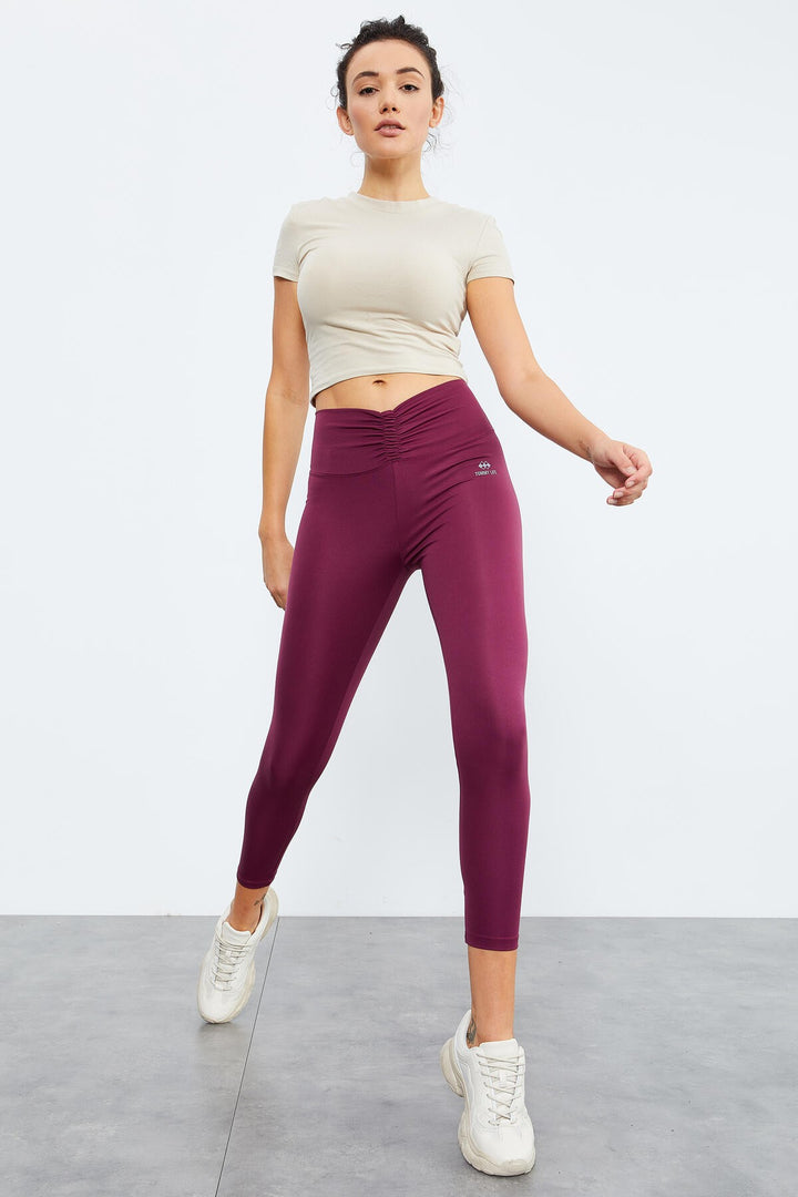 TMY Burgundy High Waist Ruched Stretch Slim Fit Women's Leggings - 94605 - Mission Bend