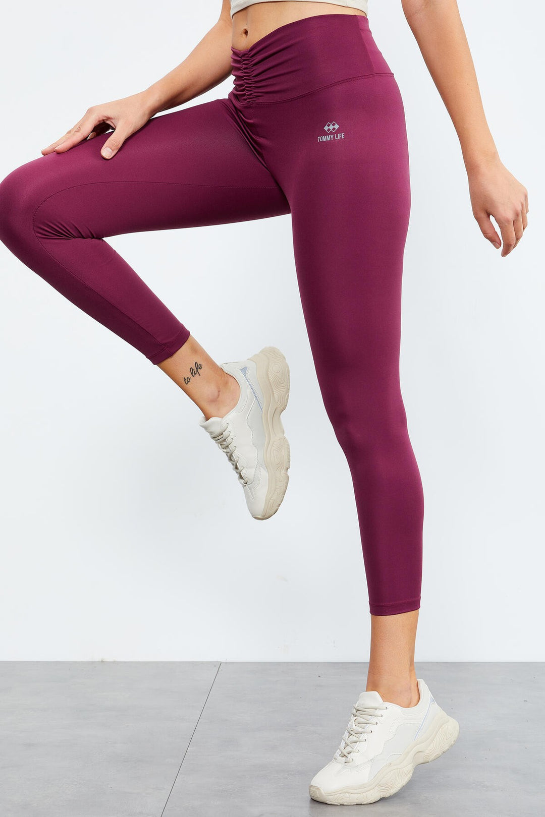 TMY Burgundy High Waist Ruched Stretch Slim Fit Women's Leggings - 94605 - Mission Bend