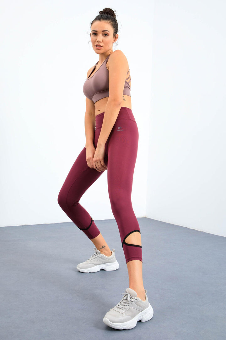 TMY Burgundy High Waist Slim Fit Skinny Leg Women's Leggings with Windowed Ankles - 94610 - El Dorado Hills