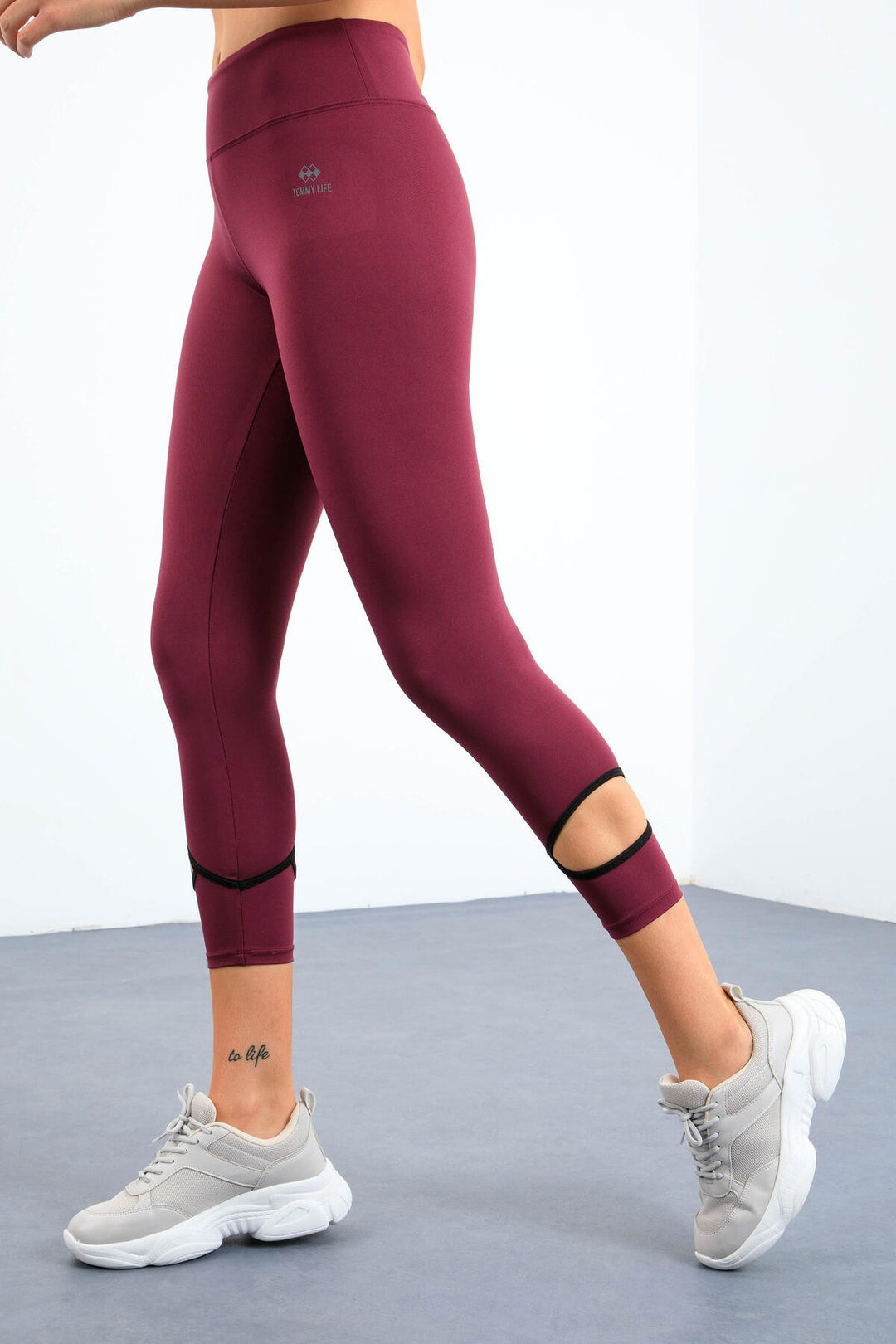 TMY Burgundy High Waist Slim Fit Skinny Leg Women's Leggings with Windowed Ankles - 94610 - El Dorado Hills