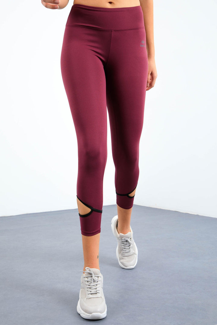 TMY Burgundy High Waist Slim Fit Skinny Leg Women's Leggings with Windowed Ankles - 94610 - El Dorado Hills