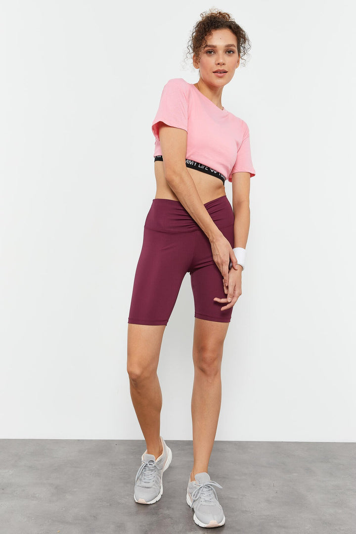 TMY Burgundy Ruched Detail High Waist Shaping Short Women's Biker Leggings - 91008 - Teoloyucan