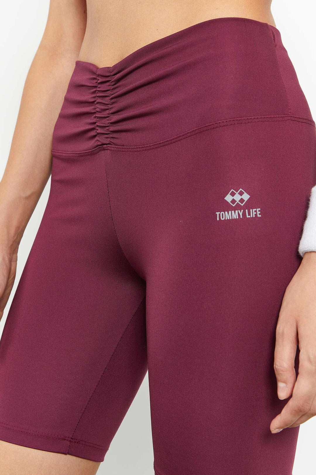 TMY Burgundy Ruched Detail High Waist Shaping Short Women's Biker Leggings - 91008 - Teoloyucan