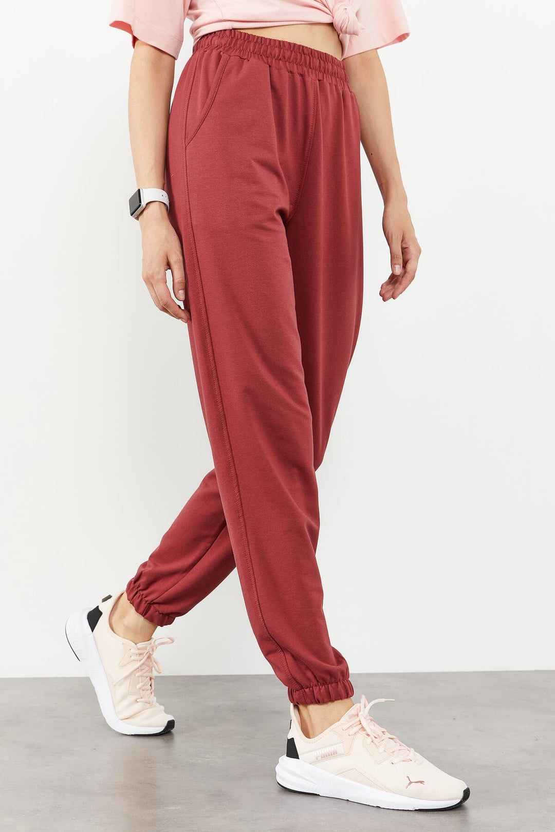 TMY Burgundy Pocket High Waist Comfortable Fit Elastic Cuff Women's Sweatpants - 94583 - Rock Island