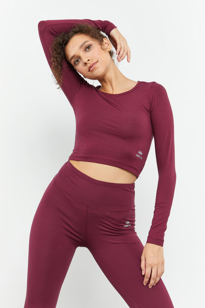 TMY Burgundy Long Sleeve Slim Fit O Neck Women's Crop Top T-Shirt - 97150 - Heroica Nogales