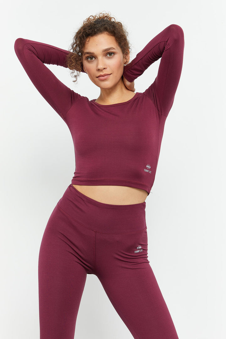 TMY Burgundy Long Sleeve Slim Fit O Neck Women's Crop Top T-Shirt - 97150 - Heroica Nogales