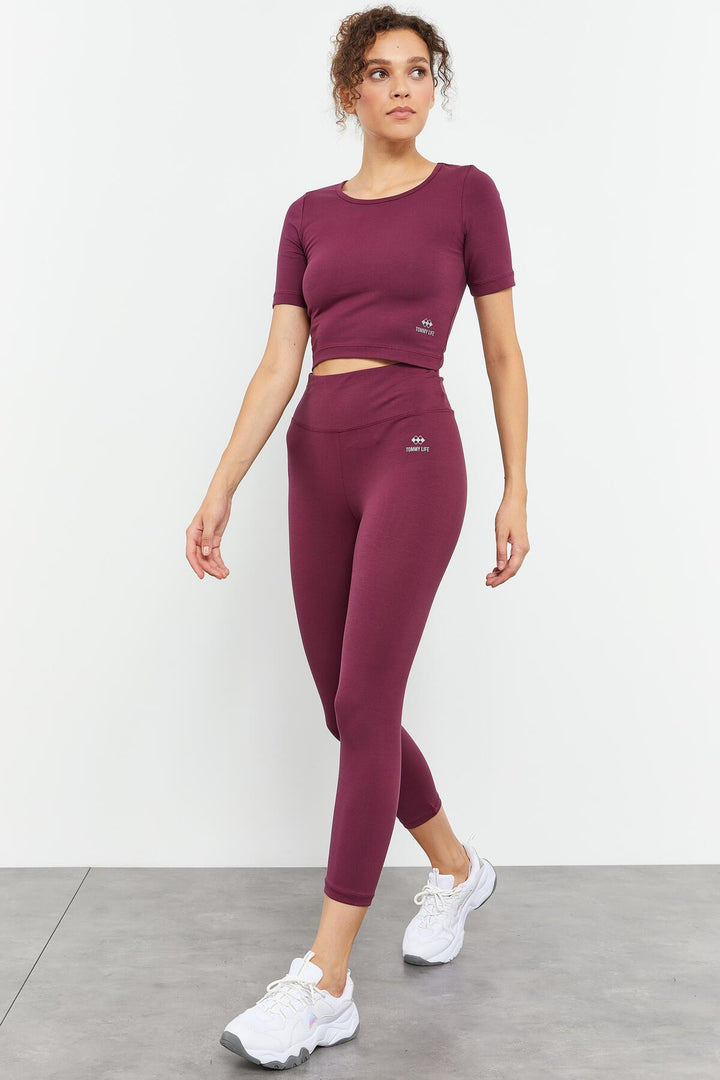 TMY Burgundy High Waist Capri-Crop T-Shirt Slim Fit Women's Leggings Set - 95285 - Kailua