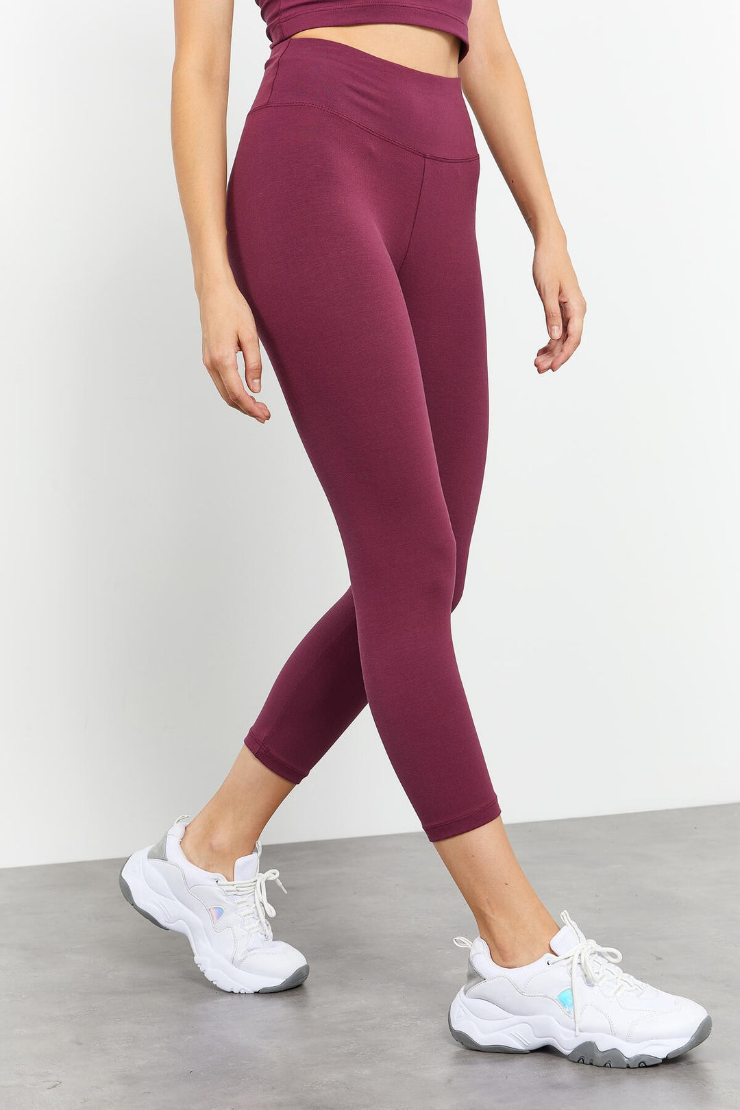 TMY Burgundy High Waist Capri-Crop T-Shirt Slim Fit Women's Leggings Set - 95285 - Kailua