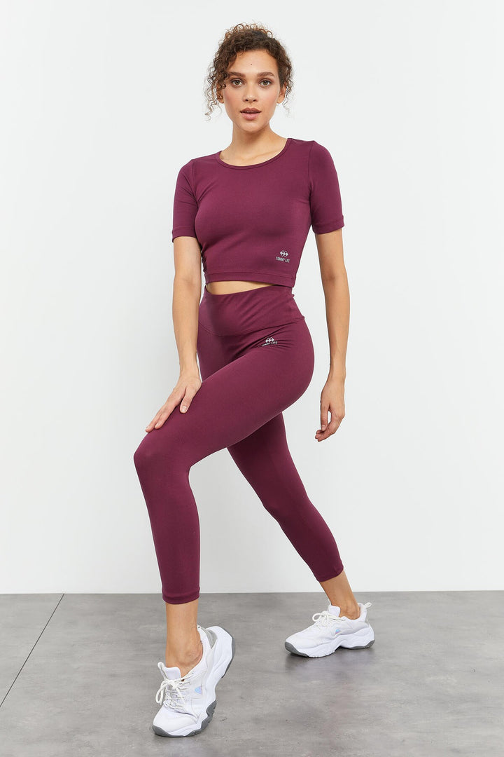 TMY Burgundy High Waist Capri-Crop T-Shirt Slim Fit Women's Leggings Set - 95285 - Kailua