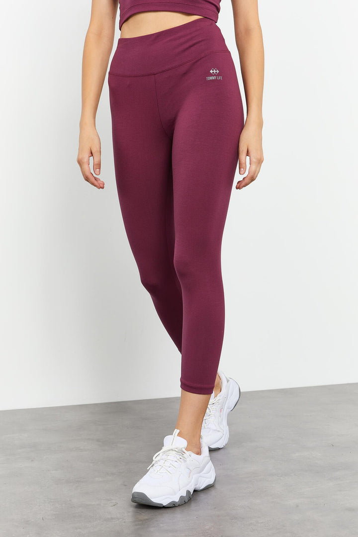 TMY Burgundy High Waist Capri-Crop T-Shirt Slim Fit Women's Leggings Set - 95285 - Kailua