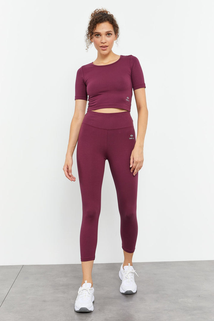 TMY Burgundy High Waist Capri-Crop T-Shirt Slim Fit Women's Leggings Set - 95285 - Kailua