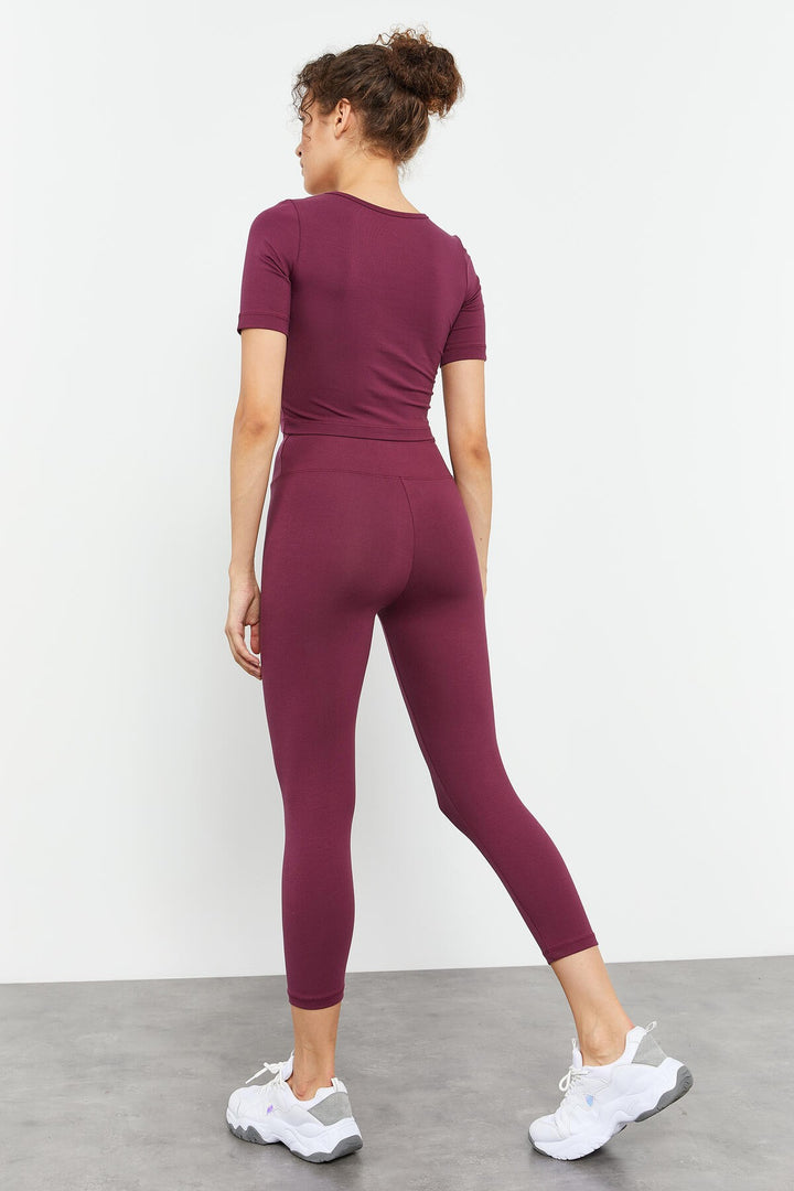 TMY Burgundy High Waist Capri-Crop T-Shirt Slim Fit Women's Leggings Set - 95285 - Kailua