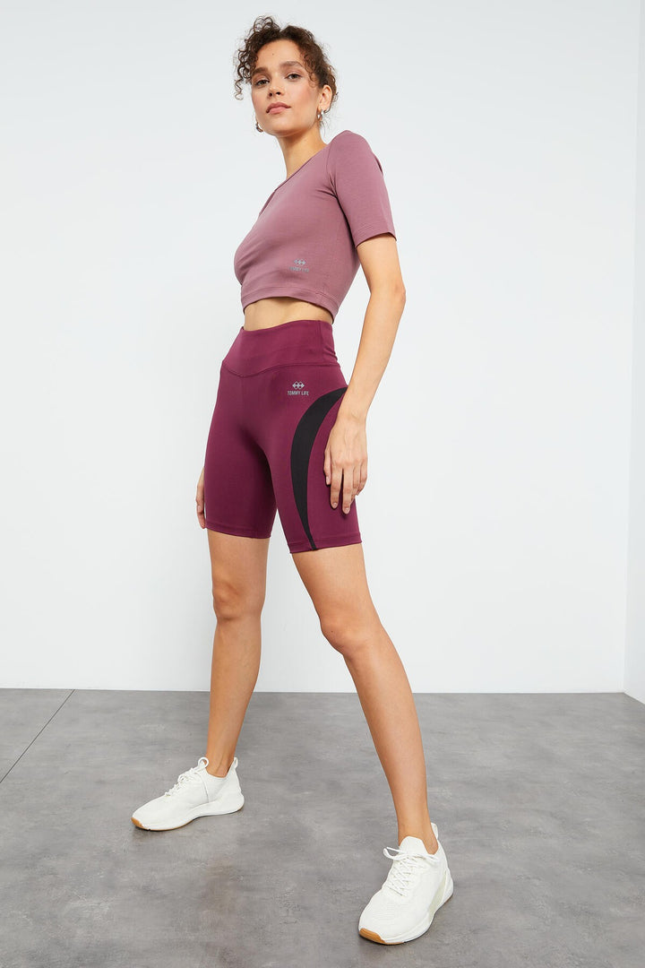 TMY Burgundy High Waist Stripe Detailed Stretch Women's Biker Leggings - 91009 - Pejë