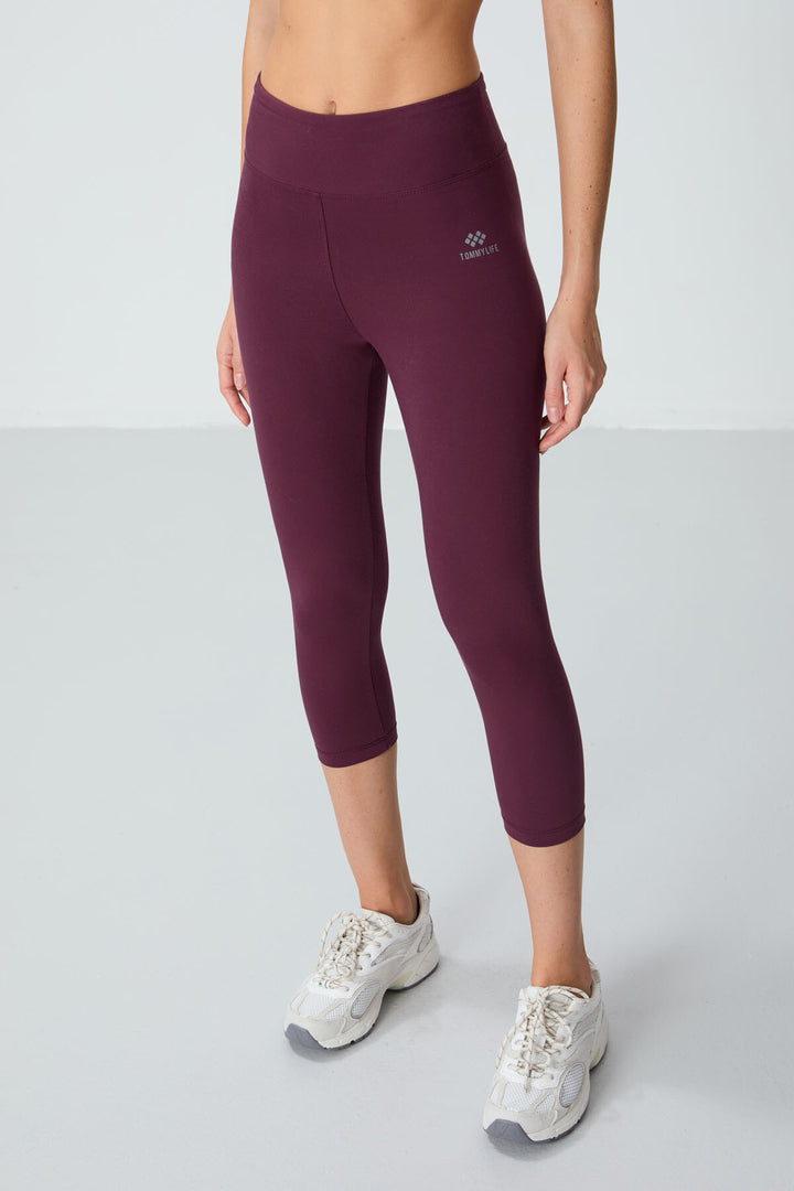 TMY Burgundy High Waist Slim Fit Cropped Leg Women's Capri Leggings - 93097 - Leyland