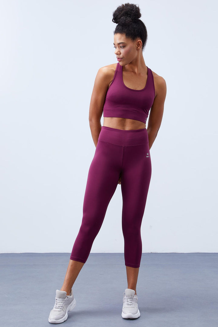 TMY Burgundy High Waist Shaper Cross Back Detail Slim Fit Women's Leggings Set - 95283 - Courtenay