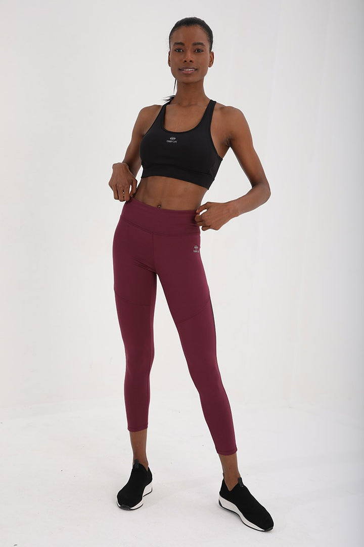 TMY Burgundy High Waist Shaping Tape Detailed Slim Fit Skinny Leg Women's Leggings - 94542 - Leeds